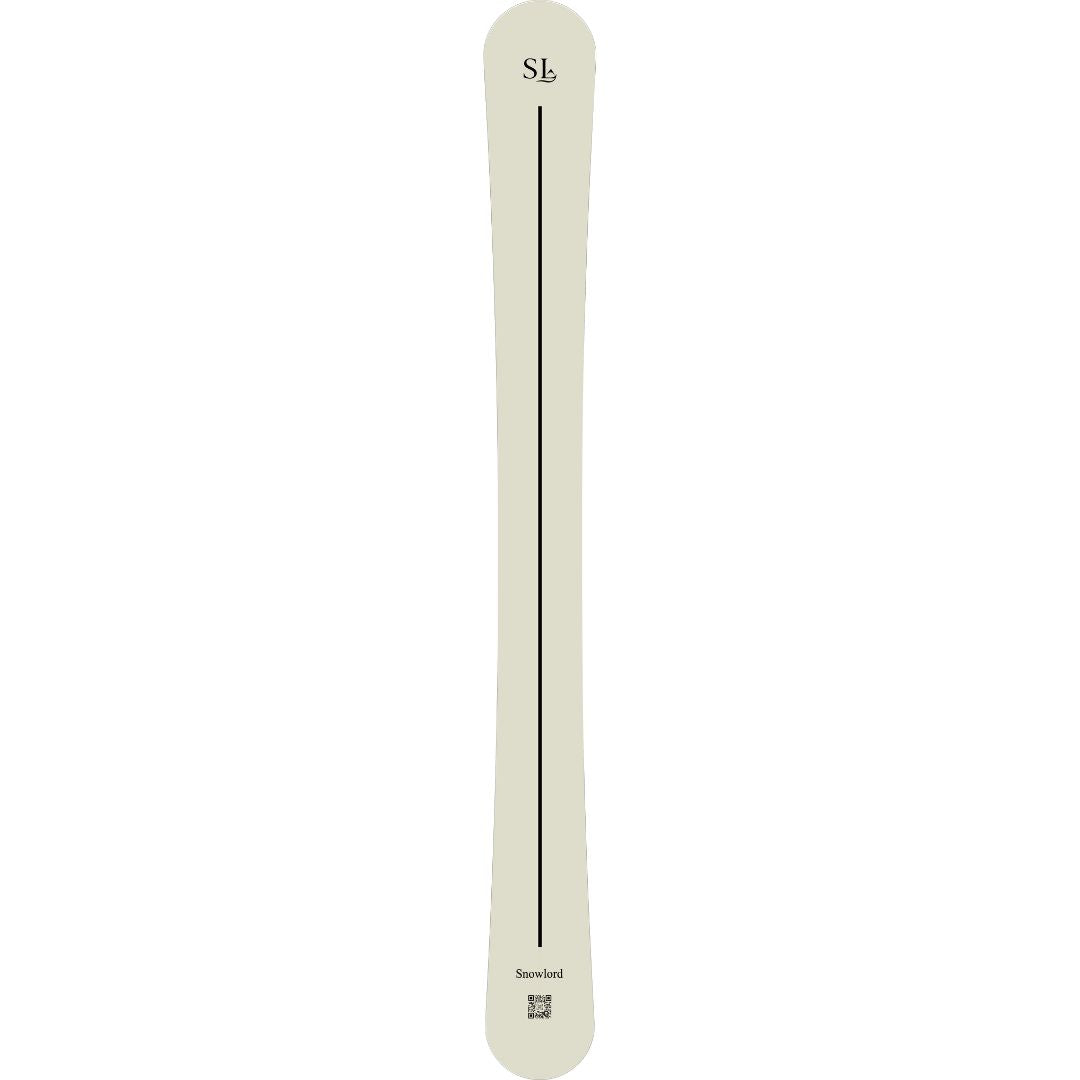 Planche Snowlord blanche avec bande noire, inspirée du skwal et du monoski, alliant stabilité et précision. Design épuré, conçu à Annecy.