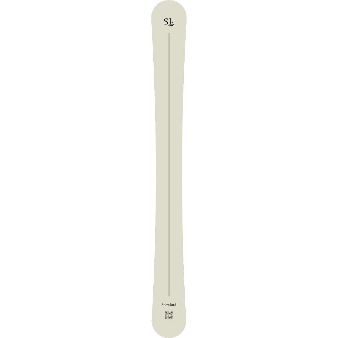 Planche Snowlord blanche et grise, élégante et moderne. Inspirée du skwal et du monoski, elle offre une glisse fluide, précise et tout en sobriété alpine.