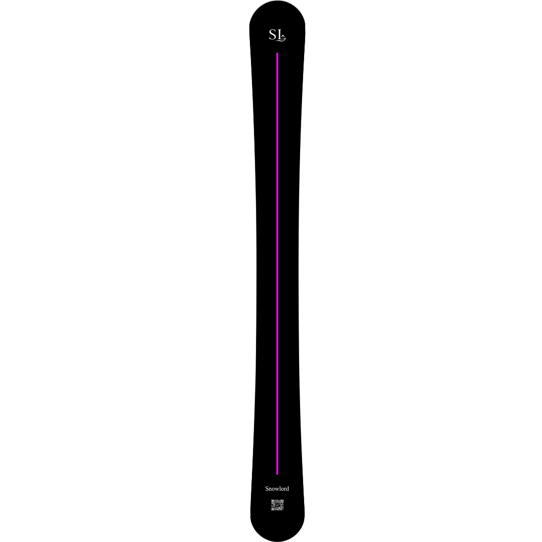 Snowlord noire et rose, planche au design féminin et affirmé. Inspirée du skwal et du monoski, elle combine élégance et performance alpine.