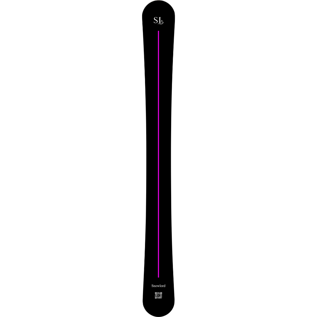Snowlord noire et violette, planche féminine et performante. Inspirée du skwal, elle allie élégance, puissance et glisse maîtrisée.
